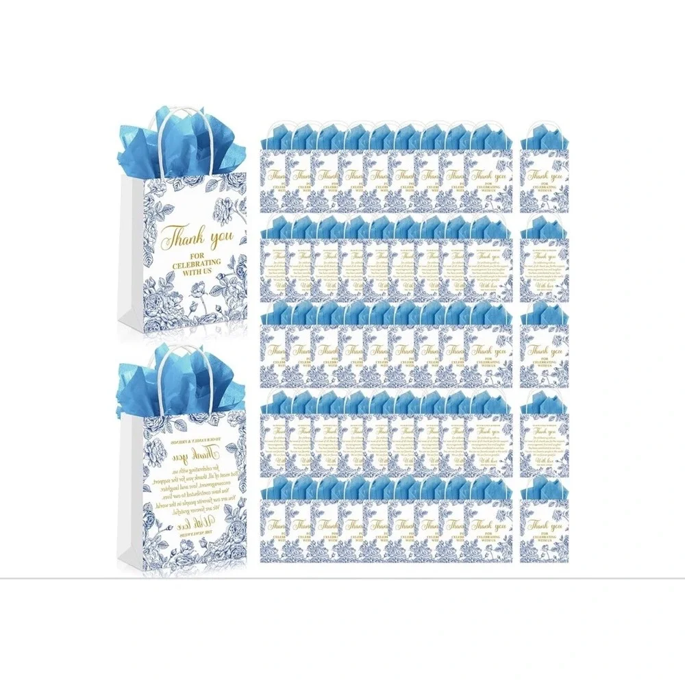 50 Pack Blue Toile Floral Thank You Paper Gift Bags Favors Wedding Bridal Shower
